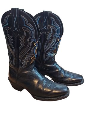 Ariat Heritage Western Boots Black Leather Square Toe Blue Gold Stitch 10.5D